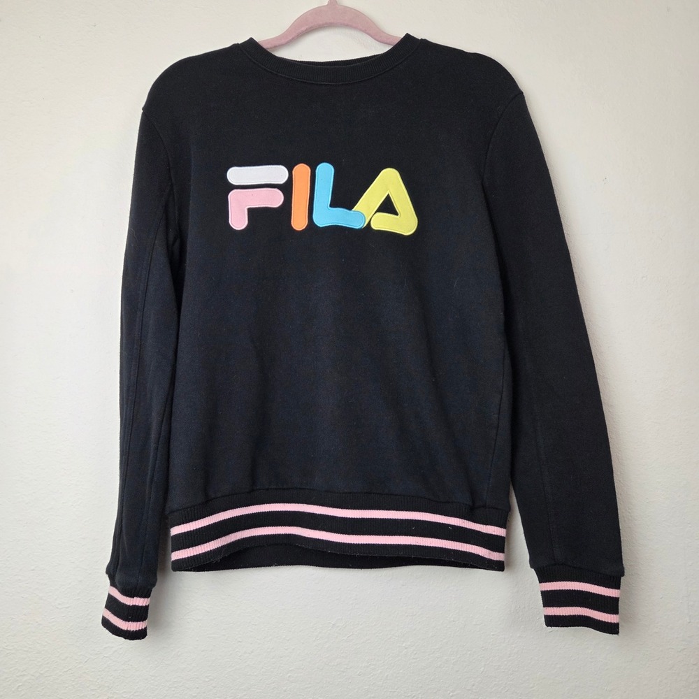Fila Sweatshirt Womens Small Black Logo Pullover‎ Crewneck Athletic Striped Trim
